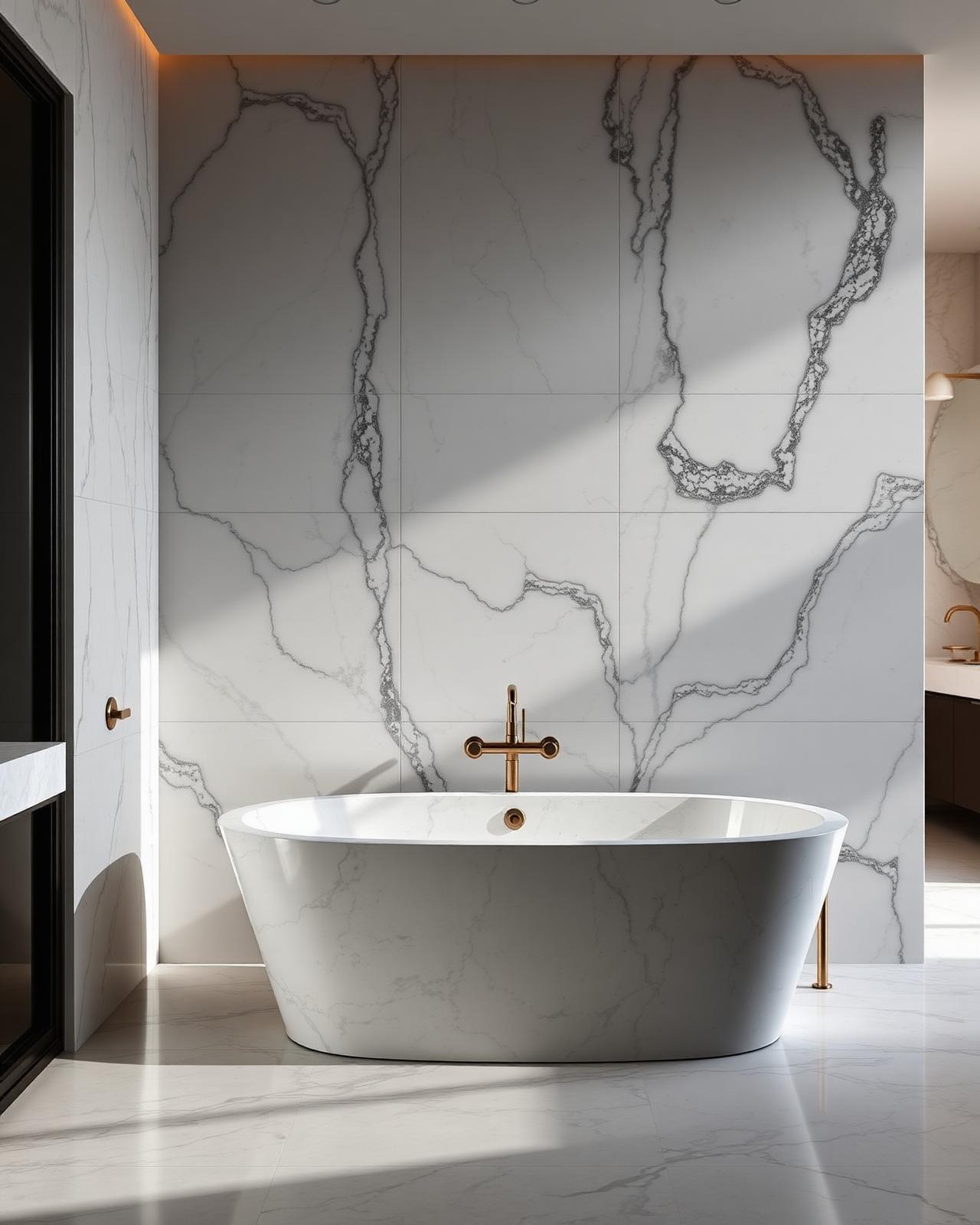 Luxury bathroom with book-matched marble-look porcelain