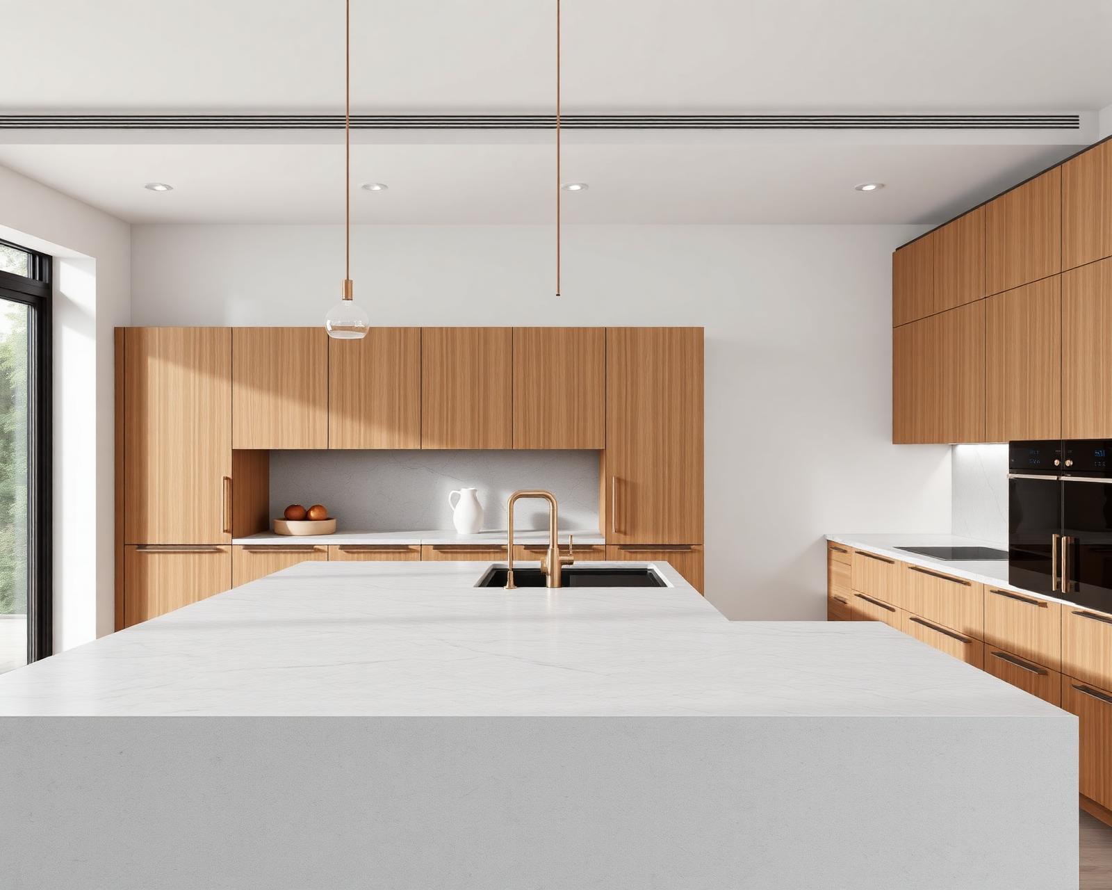 Modern kitchen with large-format porcelain island