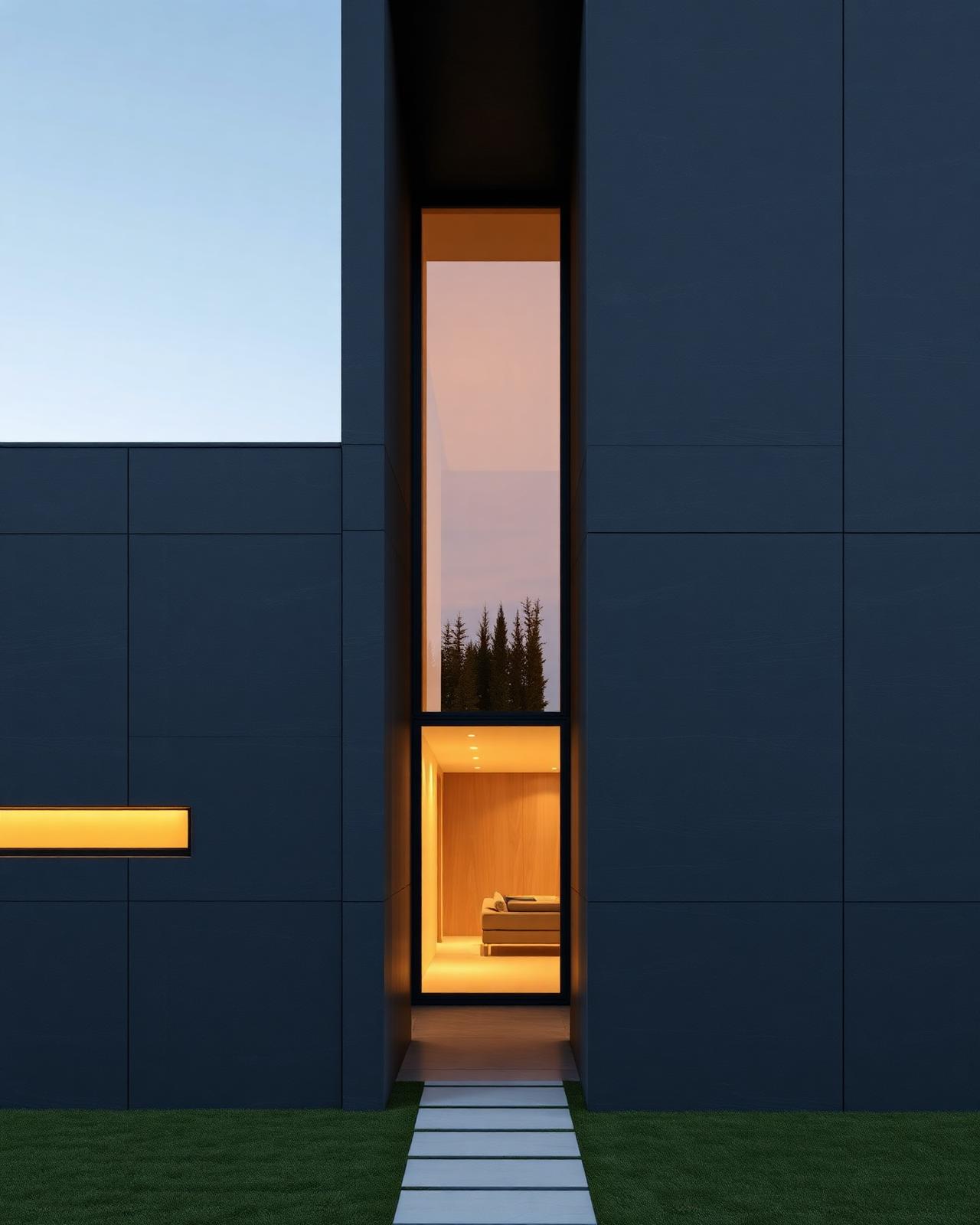 Modern villa exterior clad in dark porcelain panels